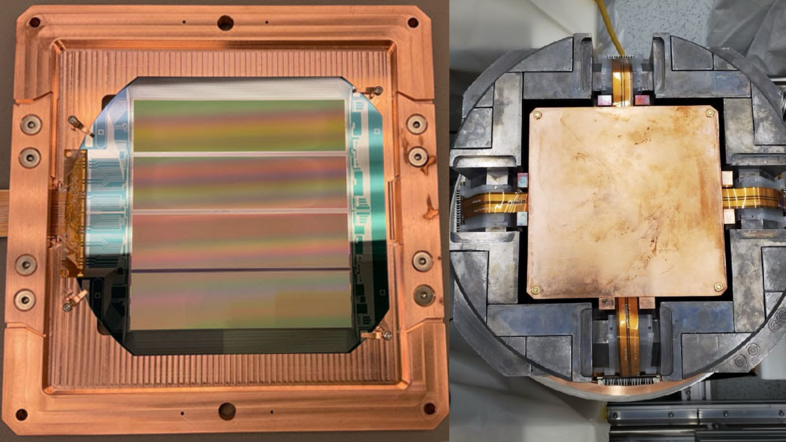 two metal squares surrounded by wires