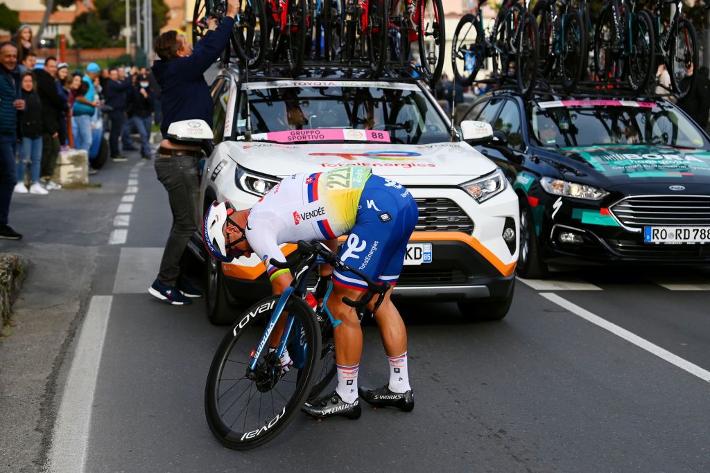 SANREMO ITALY MARCH 19 Peter Sagan of Slovakia and Team Total Energies suffers a mechanical problem during the 113th MilanoSanremo 2022 a 293km one day race from Milano to Sanremo MilanoSanremo on March 19 2022 in Sanremo Italy Photo by Tim de WaeleGetty Images