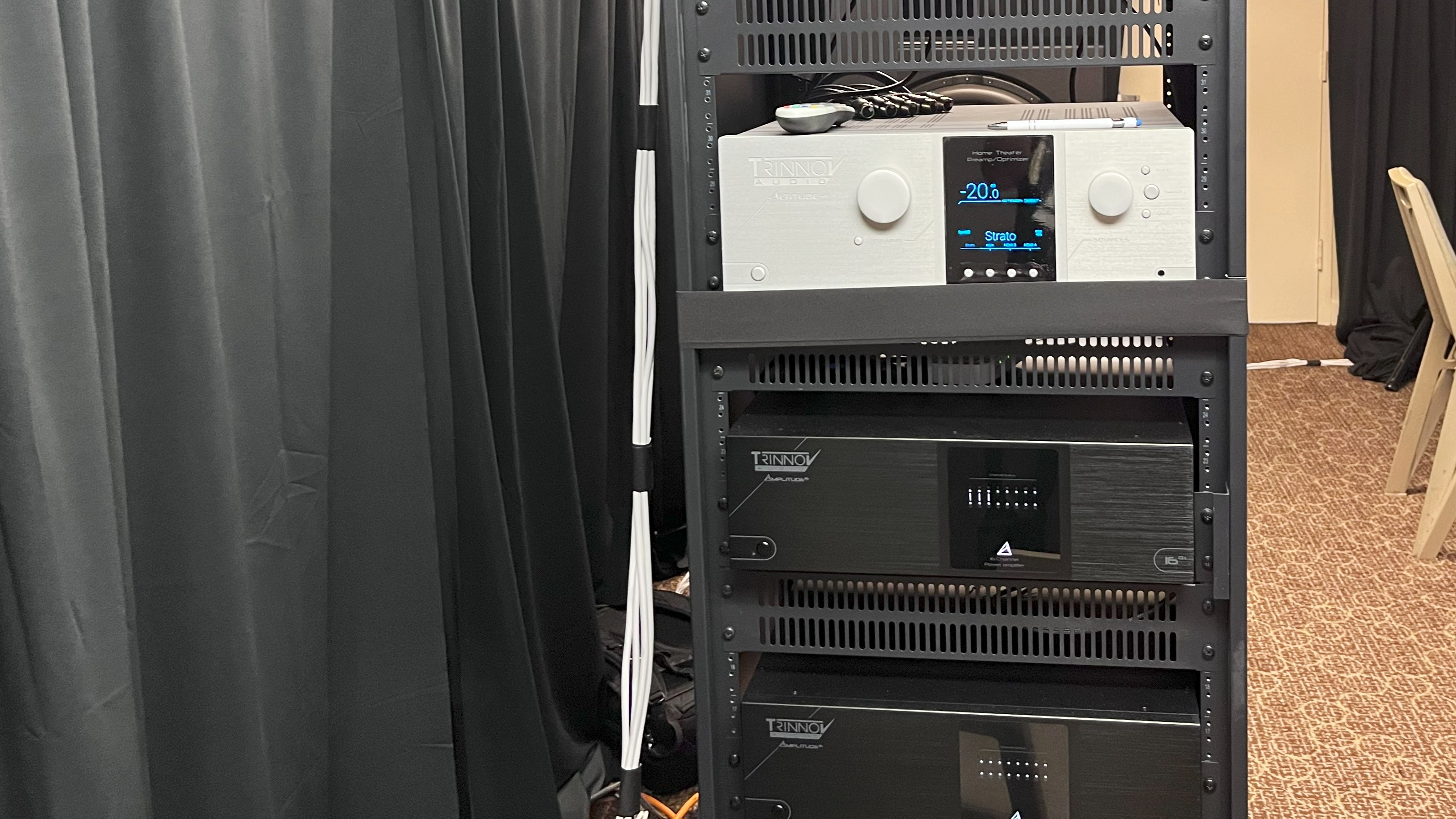 Trinnov Altitude 32 processor and Amplitude 16 amplifiers in an equipment rack