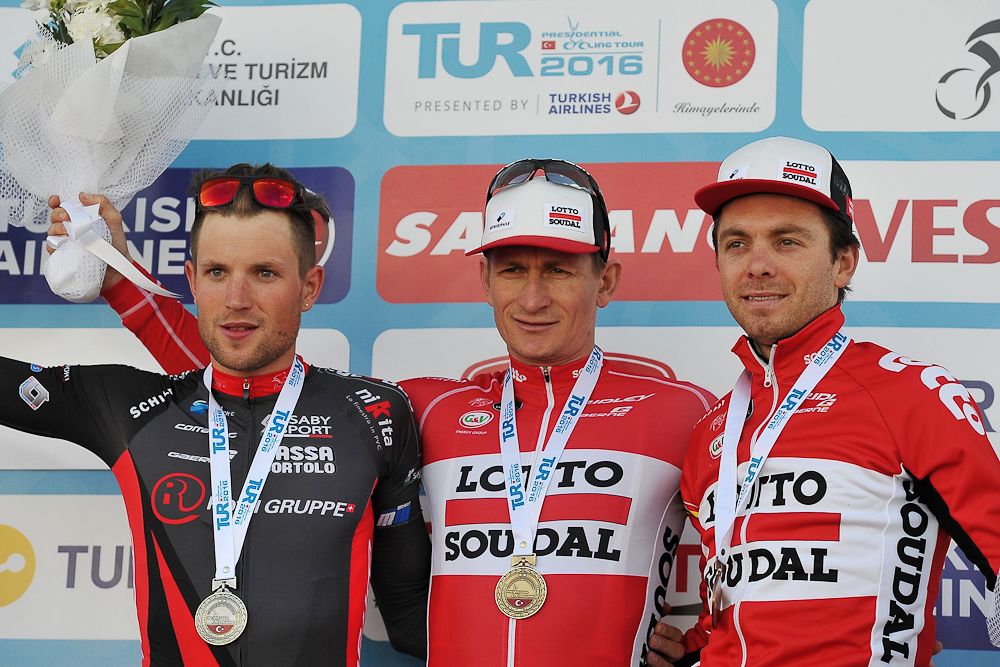 Cecchin, Greipel and Boeckmans on the stage 3 podium in Turkey.