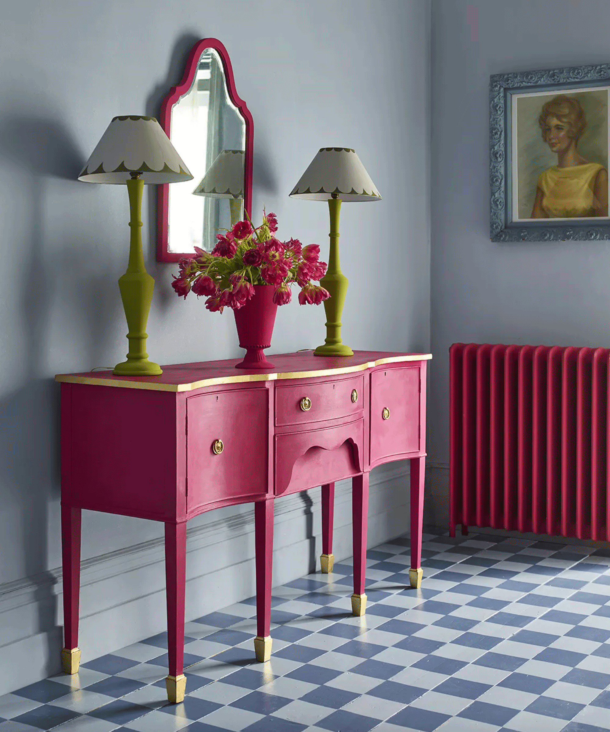 Pink console on checkerboard floor