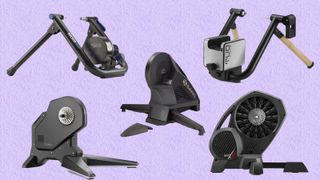 An assortment of different turbo trainers on a purple background