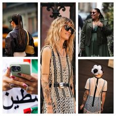 a five-part collage of women wearing jewelry and cool clothes at new york fashion week