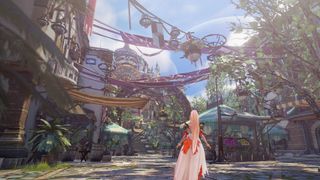 A woman in a red and white dress stands in a lush town courtyard, facing away from the camera