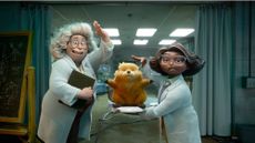 A scene from the animated film "Hoppers" shows a beaver with two female scientists dressed in lab coats.