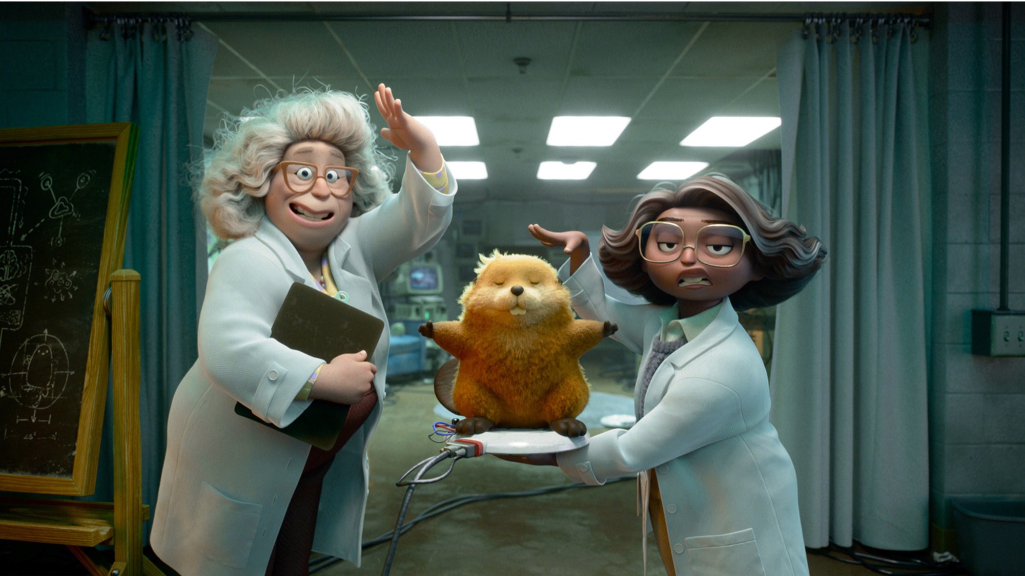 A scene from the animated film "Hoppers" shows a beaver with two female scientists dressed in lab coats.