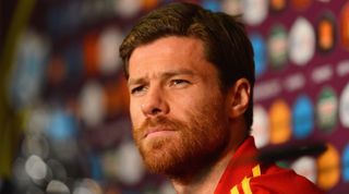 GDANSK, POLAND - JUNE 13: In this handout image provided by UEFA, Xabi Alonso of Spain talks to the media during a UEFA EURO 2012 press conference at the Municipal Stadium on June 13, 2012 in Gdansk, Poland. (Photo by Handout/UEFA via Getty Images)