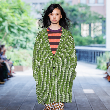 A model on the DVF Spring 2027 runway at New York Fashion Week.