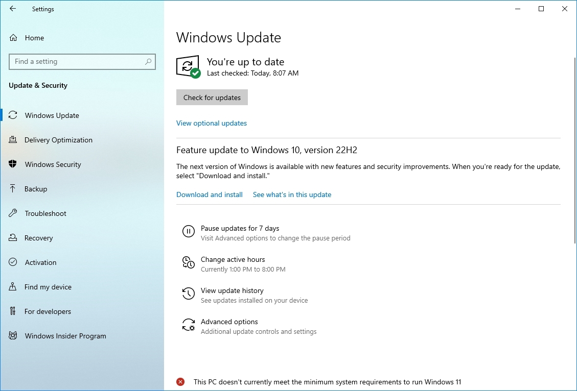 Windows 10 версии 22H2 неподдерживаемое оборудование