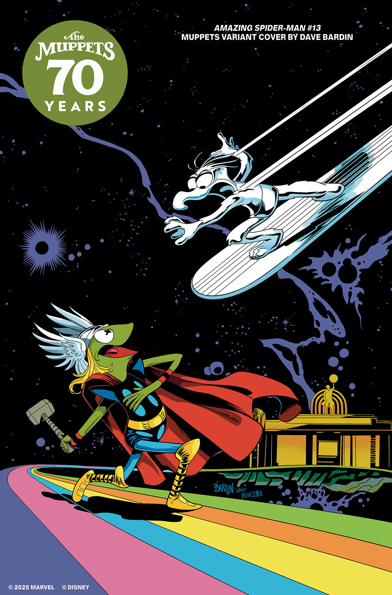 Kermit as Thor squaring off with Gonzo as Silver Surfer