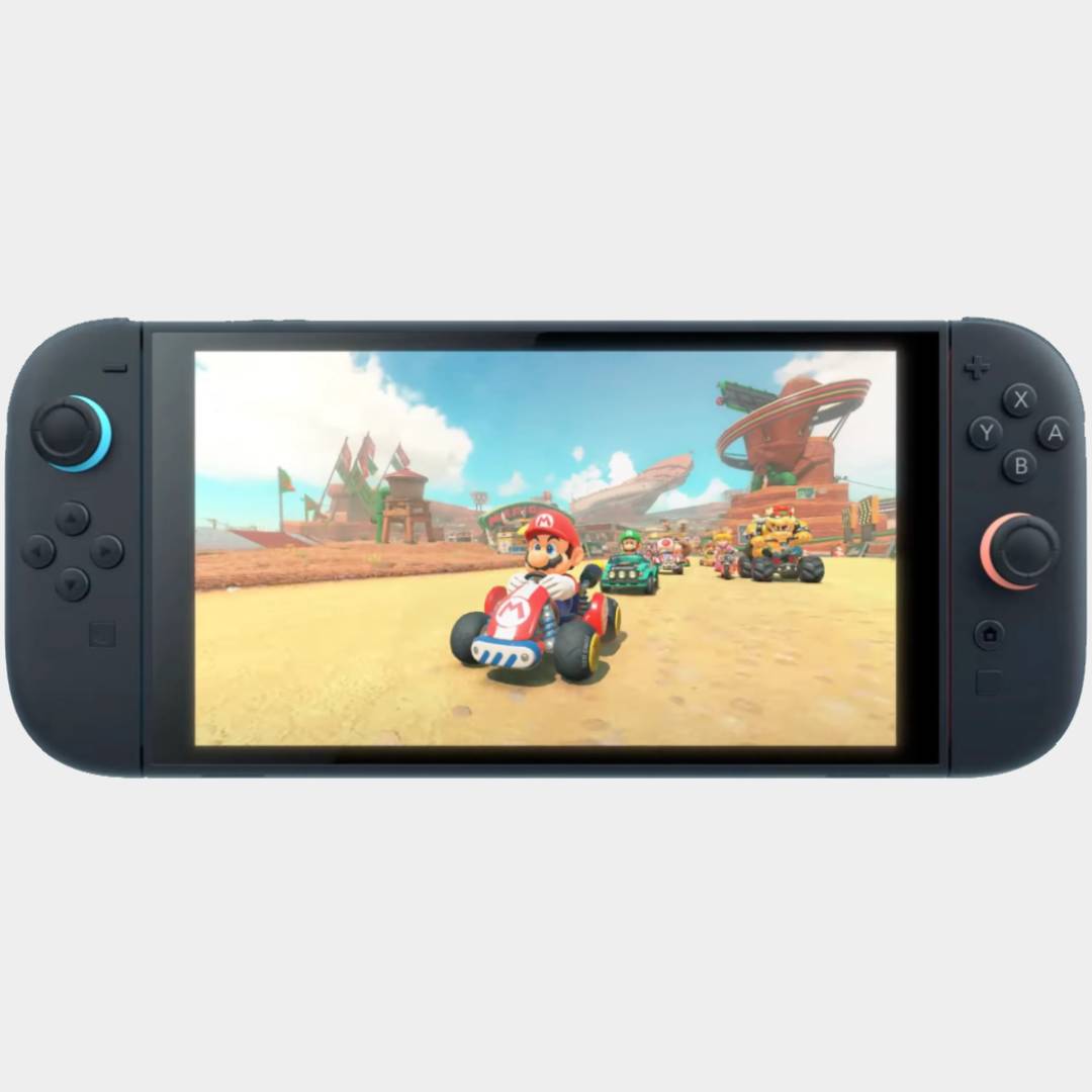 Nintendo Switch 2 with Mario Kart World gameplay on screen.