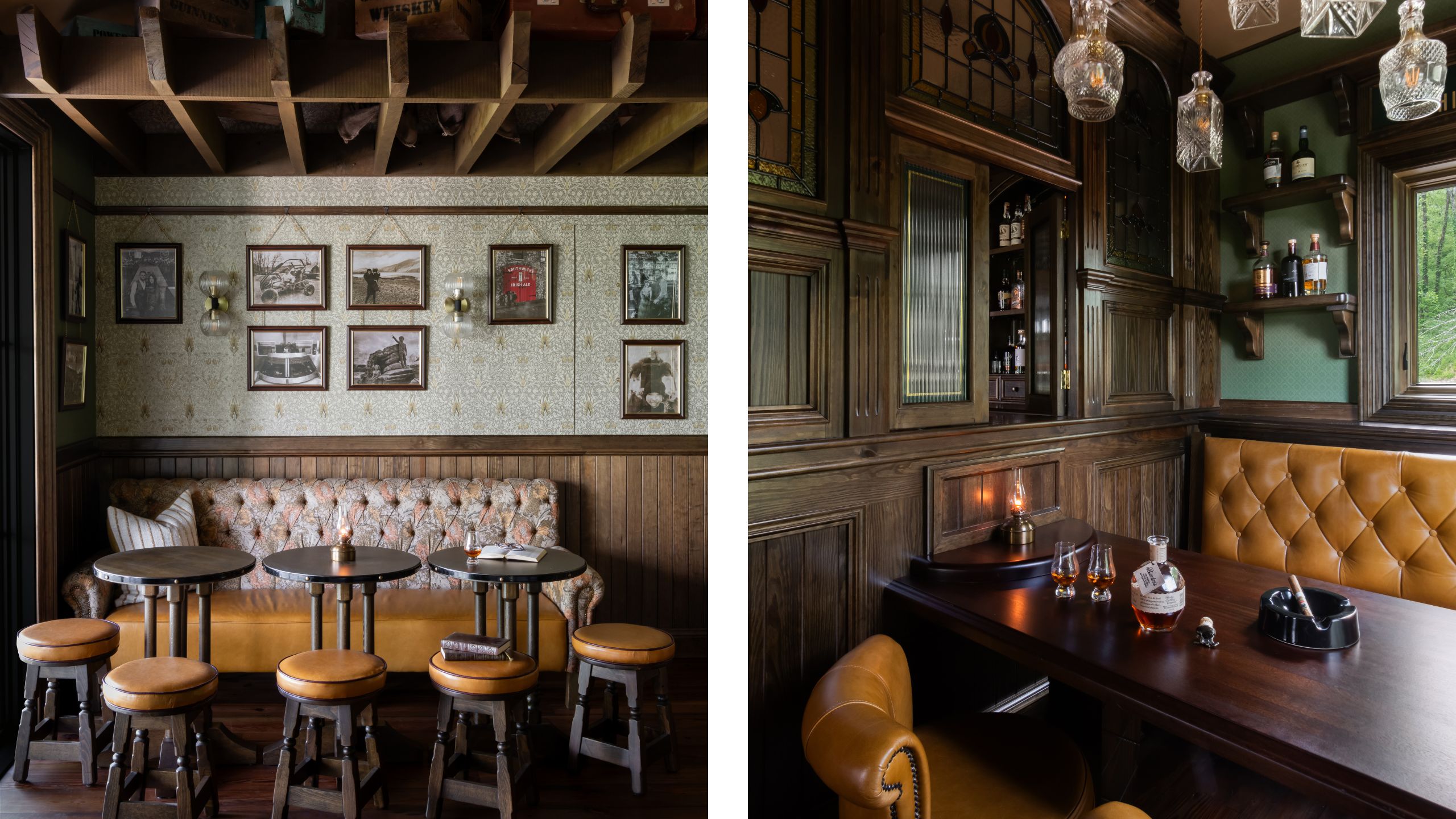 two side by side images of an authentic Irish pub built into a home in Tennessee