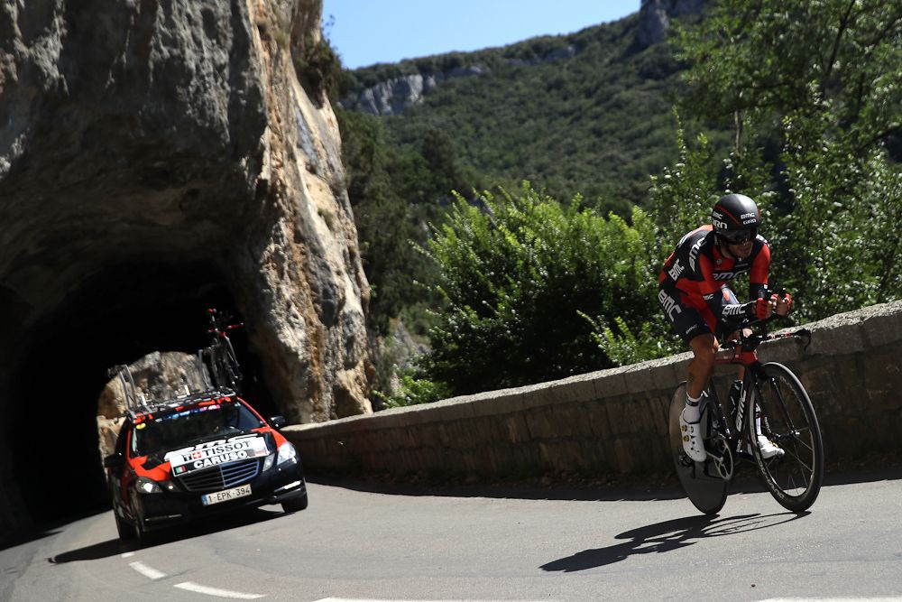 The BMC team car follows Damiano Caruso during stage 13 time trial