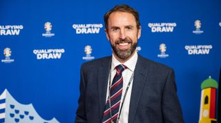 England manager Gareth Southgate, smiling, at the Euro 2024 qualifying draw on 9 October, 2022 in Frankfurt, Germany