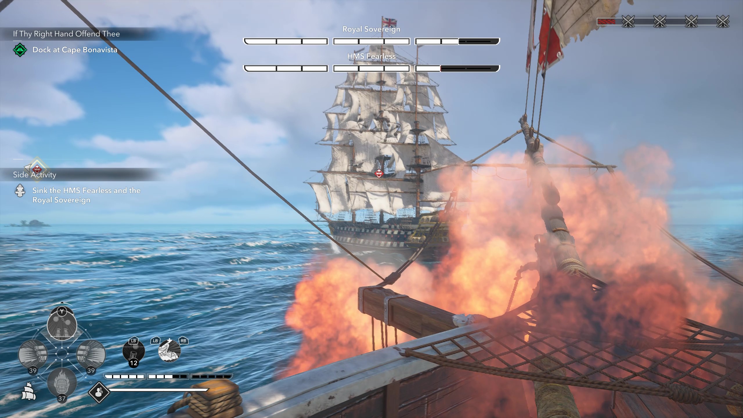 Gameplay of naval combat depicting the player firing front cannons at HMS Fearless as it retreats.
