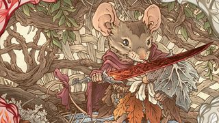 Artwork of a mouse with a red sword and a metal leaf shield in artwork from the MTG Bloomburrow set