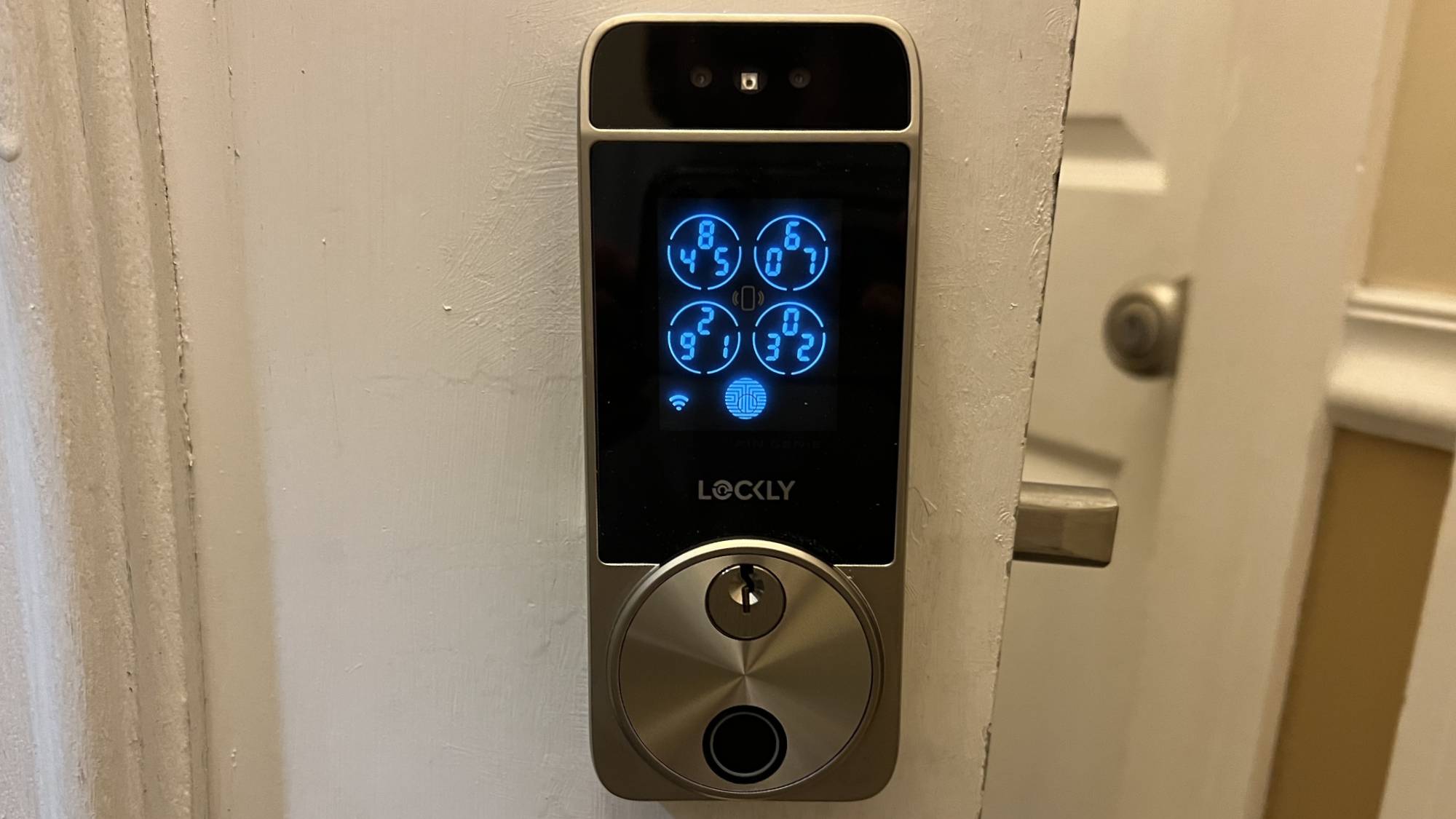 Lockly Visage shows keypad at night