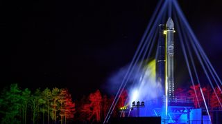 A prototype of the Prime micro-launchers sits on a launchpad in Scotland.