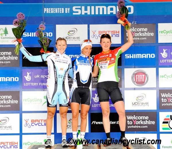 Under 23 women's podium at the Dalby World Cup: U23 podium: Kathrin Stirnemann, Pauline Ferrand Prevot, Barbara Benko