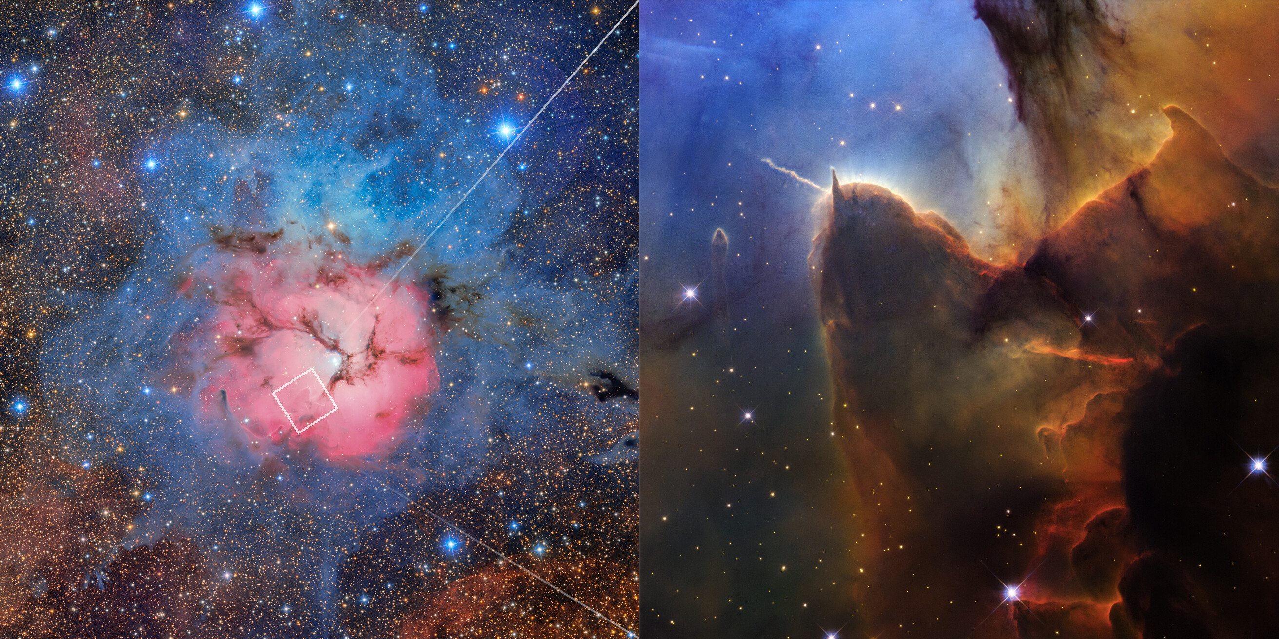 two images of clouds of colorful gases on starry backgrounds
