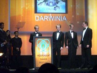 Introversion Software accepts the Independent Games Festival award at GDC 2006. From left, Tom Arundel, Chris Delay, John Knottenbelt, and Mark Morris.
