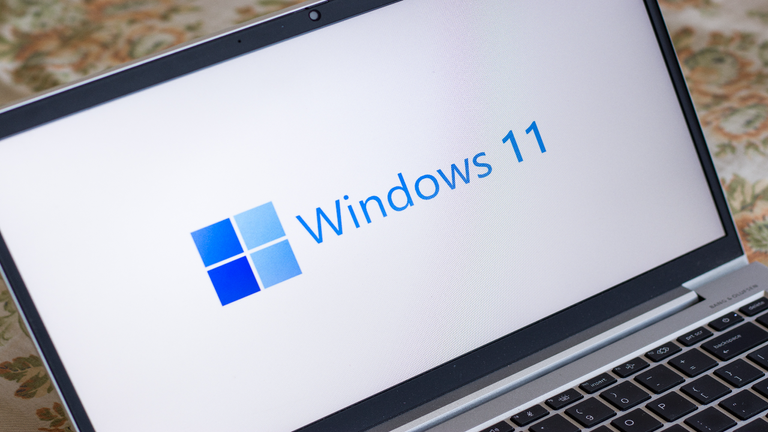 Windows 11 logo displayed on a silver laptop