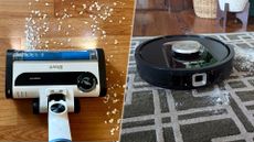 A manual stick vacuum sucking up oats on hard floor (left) and a robot vacuum sucking up flour on a rug (right)