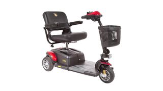 Best mobility scooters: The Golden Technologies Buzzaround EX photographed from the side to show off the black storage basket and the deeply padded black seat and arm rests
