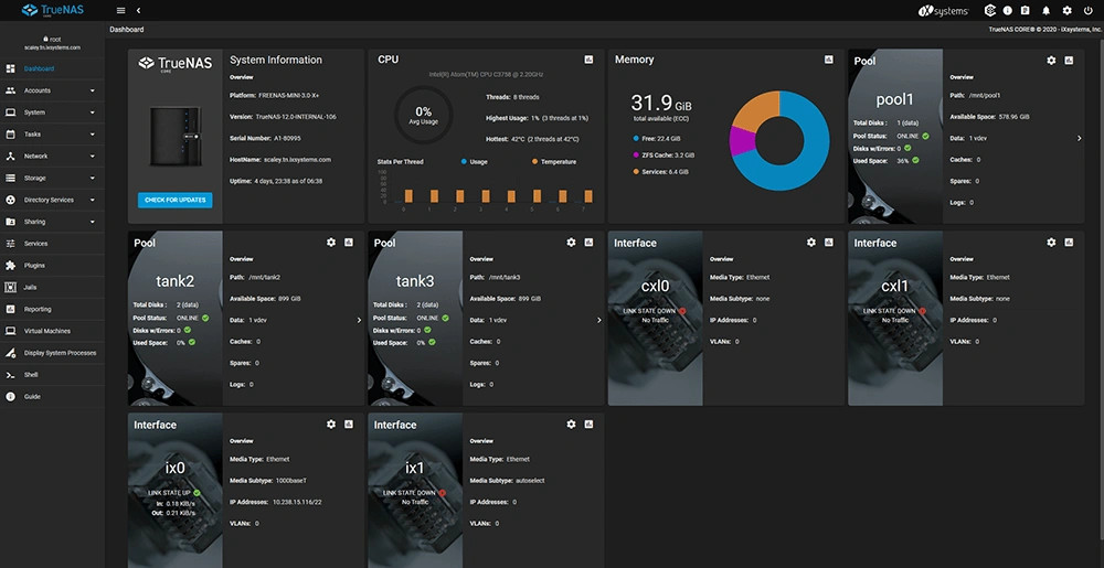 TrueNAS Core operating system screenshot