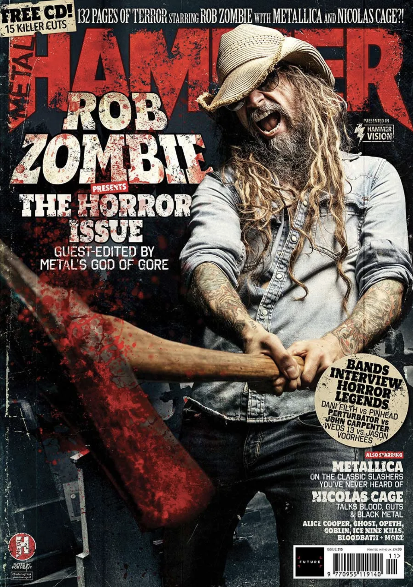 Cover of Metal Hammer issue 315, featuring Rob Zombie wielding an axe
