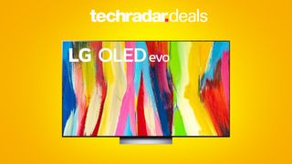 LG C2 OLED TV on yellow background