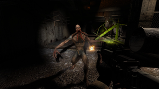 A screenshot shows a monster lunging at the camera in Stalker: Shadow of Chornobyl enhanced edition.