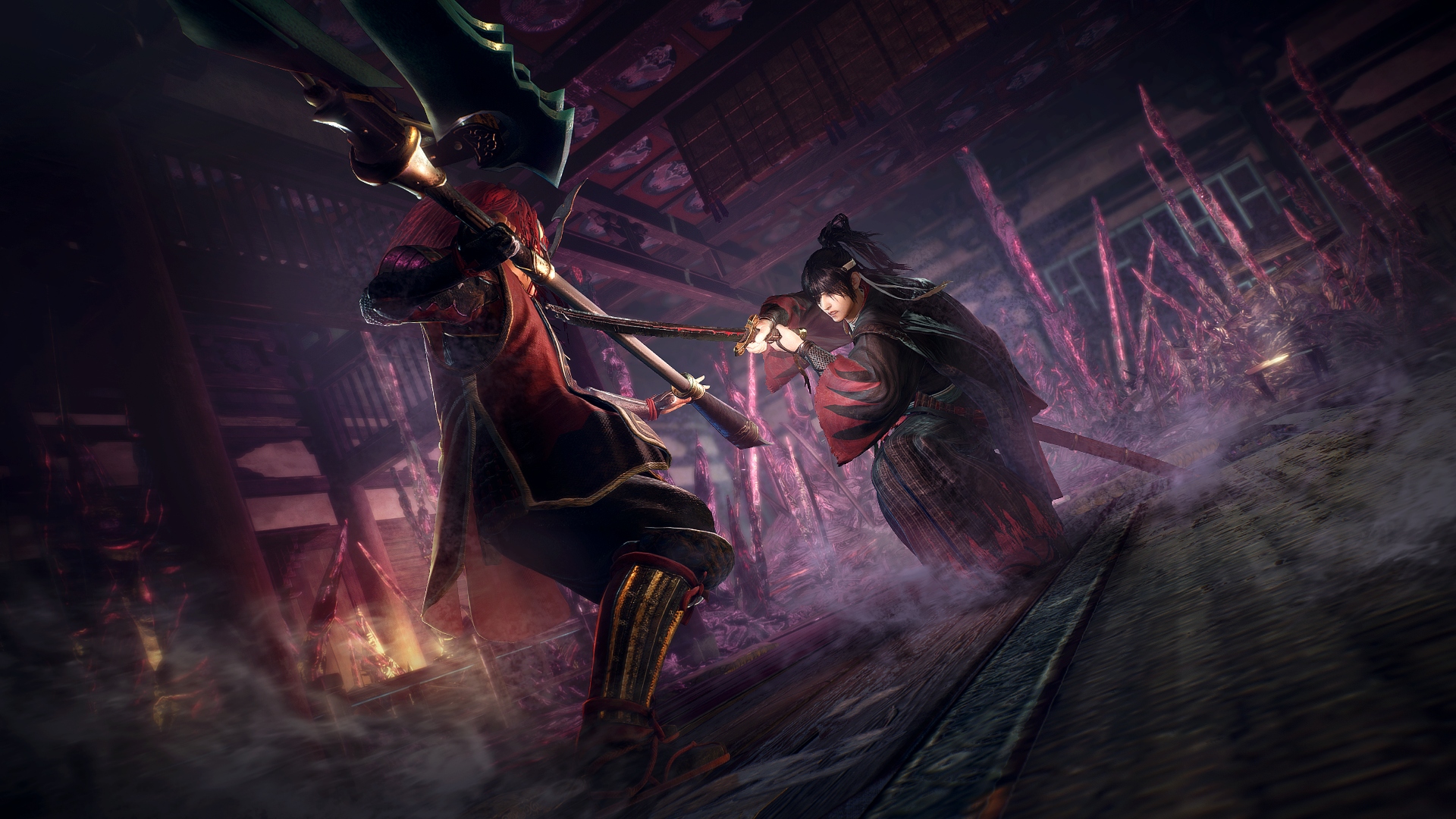 Two warriors engage each other in combat in Nioh 3, one with a large axe, the other with a katana.