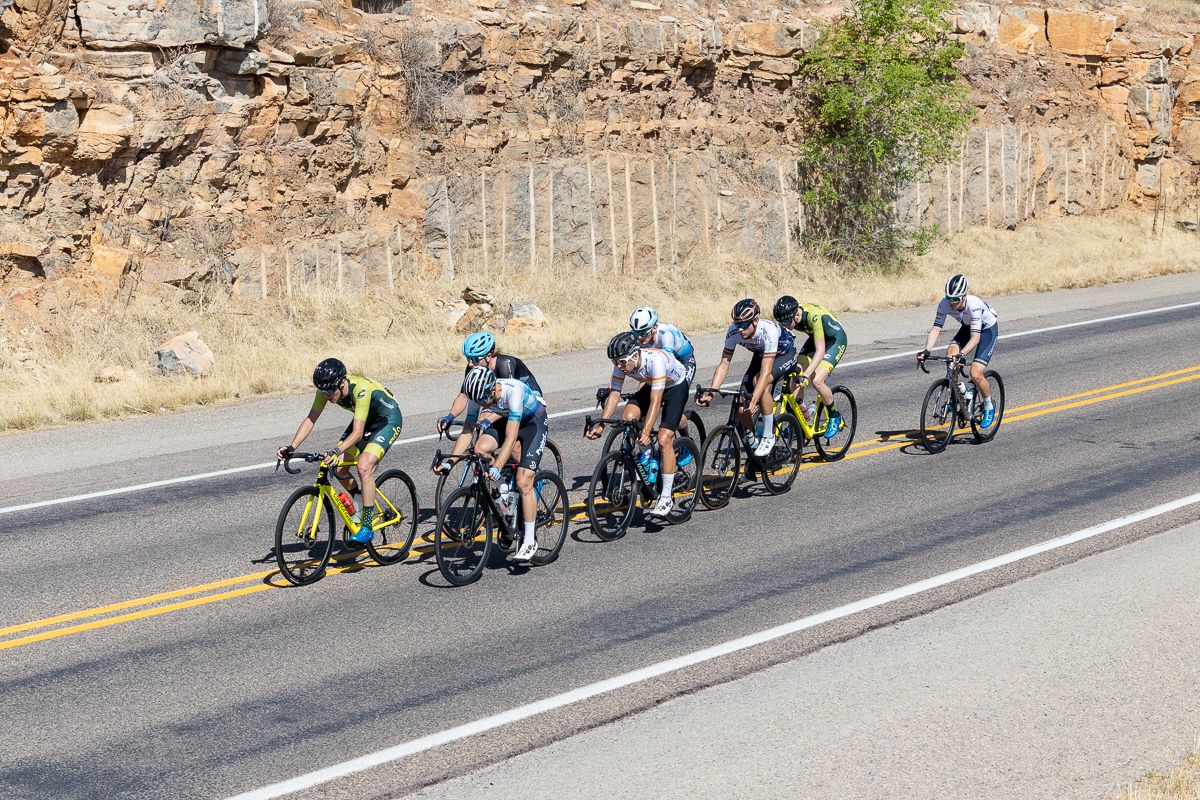 A break of 8 riders formed early in the men's race l to r: Brooks Wienke (Aevolo), Ricky Arnopol (Project Echelon), Cyrus Monk (Meiyo CCN Pro Cycling), Andrew Frank (Team California), Wil Harden (Project Echelon Racing), Nicolas Cote (Yoeleo Test Team p/b 4Mind Project), Tobias Klein (Aevolo), Ethan Sittlington (Toronto Hustle).