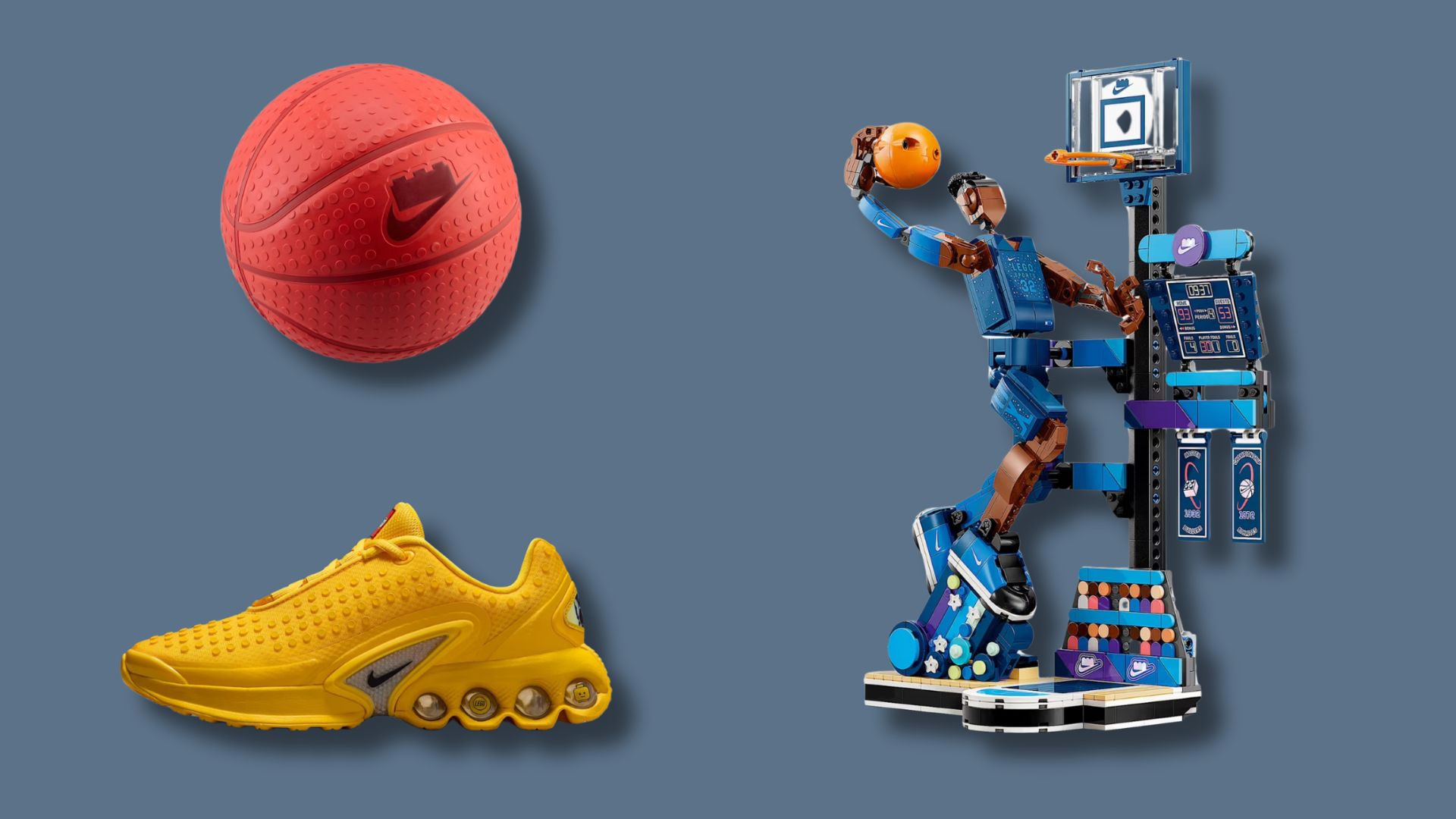 A pair of trainers a ball and a LEGO set from the Nike LEGO Collection