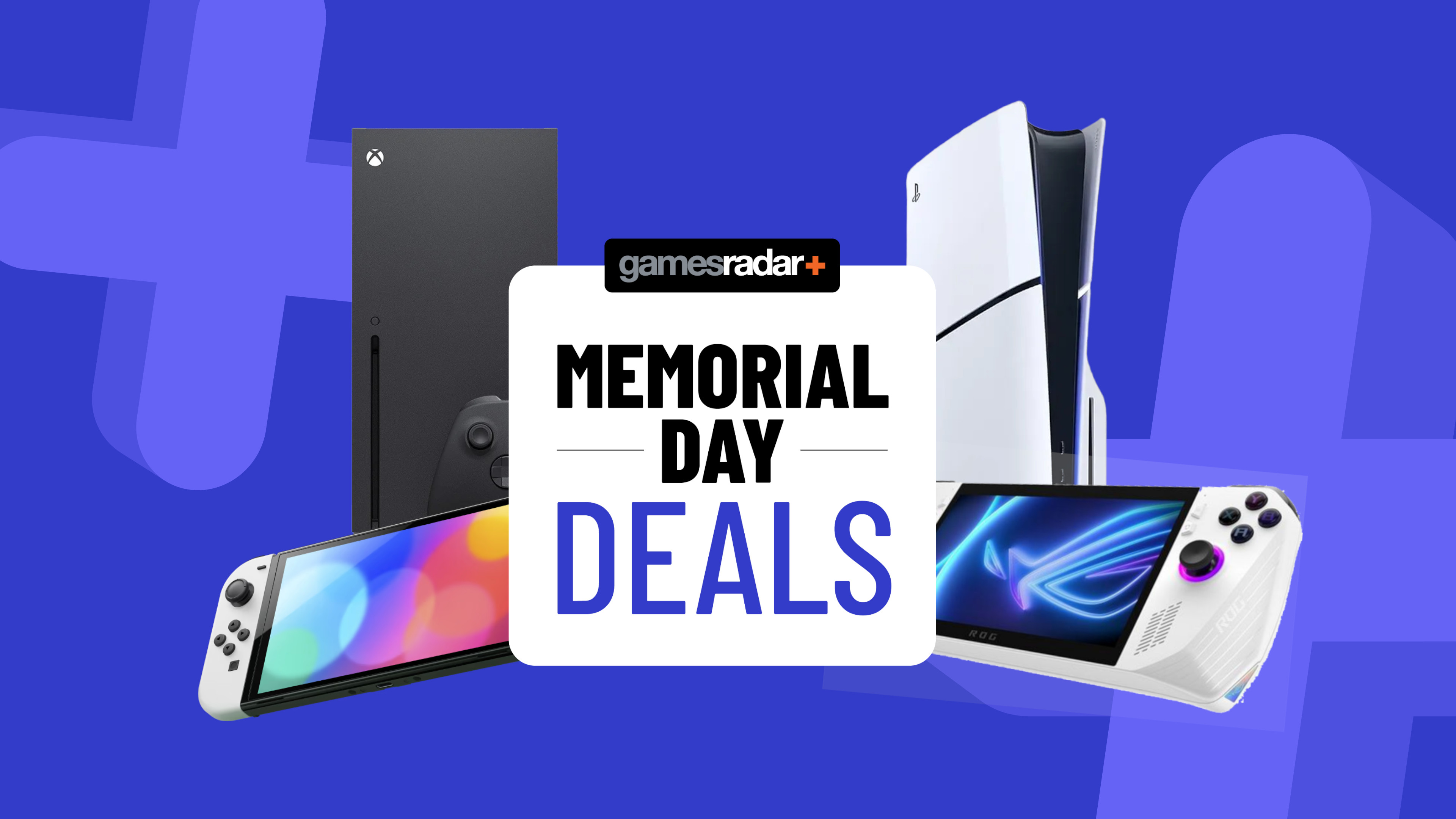 PS5, Xbox Series X, Nintendo Switch, and handheld PC on a blue background with Memorial Day deals badge