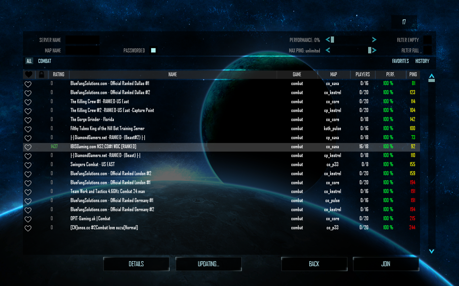 Natural Selection 2 Combat server list