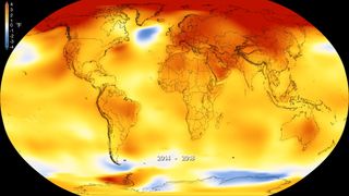 A still image pauses the onslaught of warmer temperatures in NASA and NOAA data summarizing global climate changes.