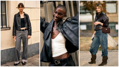 collage of women wearing cropped leather jackets