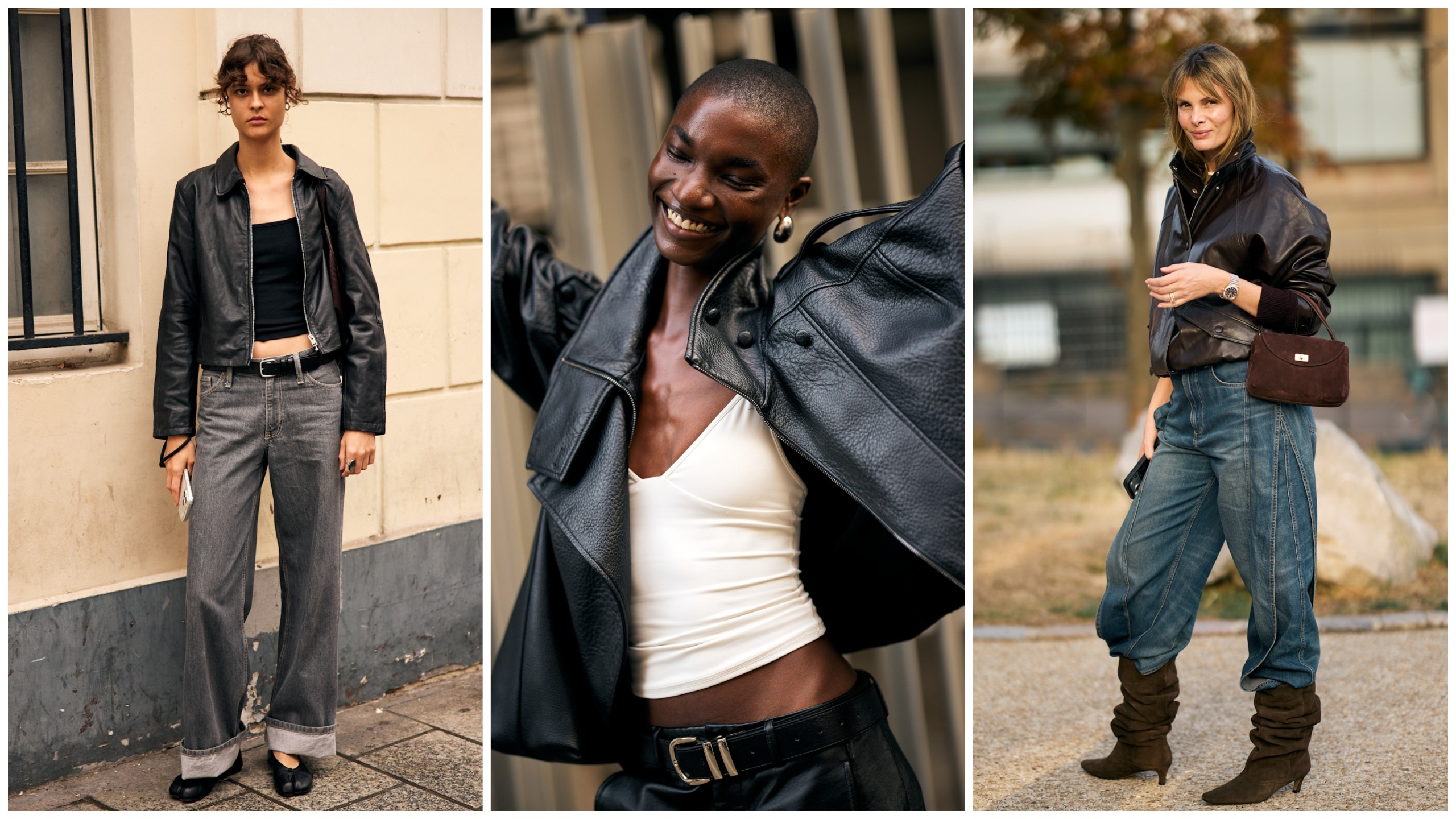 collage of women wearing cropped leather jackets 