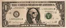 US one dollar banknote, George Washington with black eye.