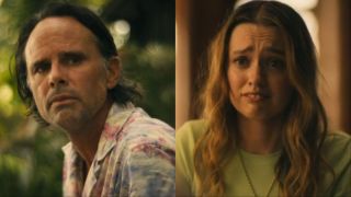 Walton Goggins' Rick looking over outside and Aimee Lou Wood's Chelsea getting emotional in the finale of White Lotus Season 3