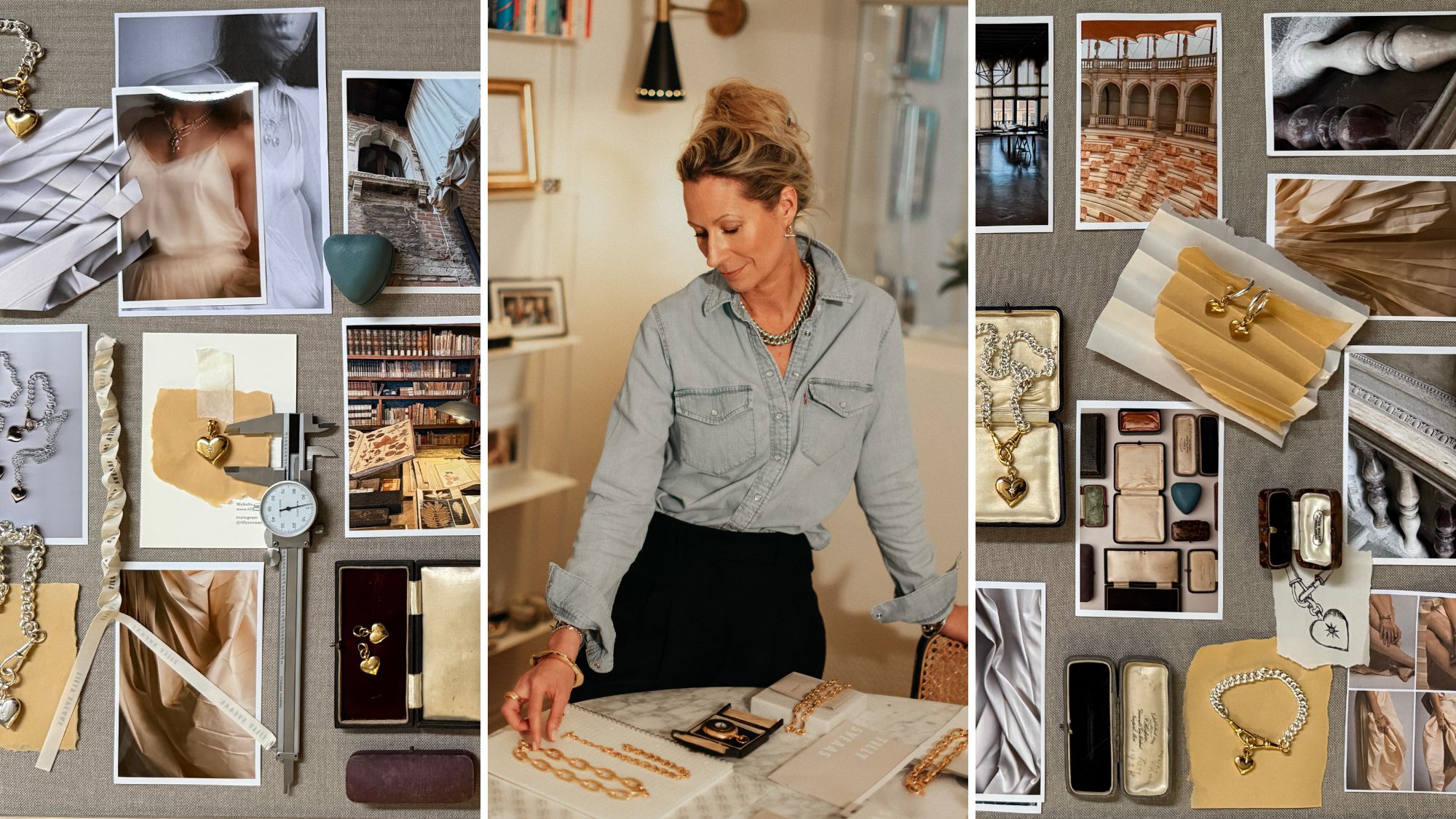a collage showing jeweller tilly sveaas in her studio and her moodboards 