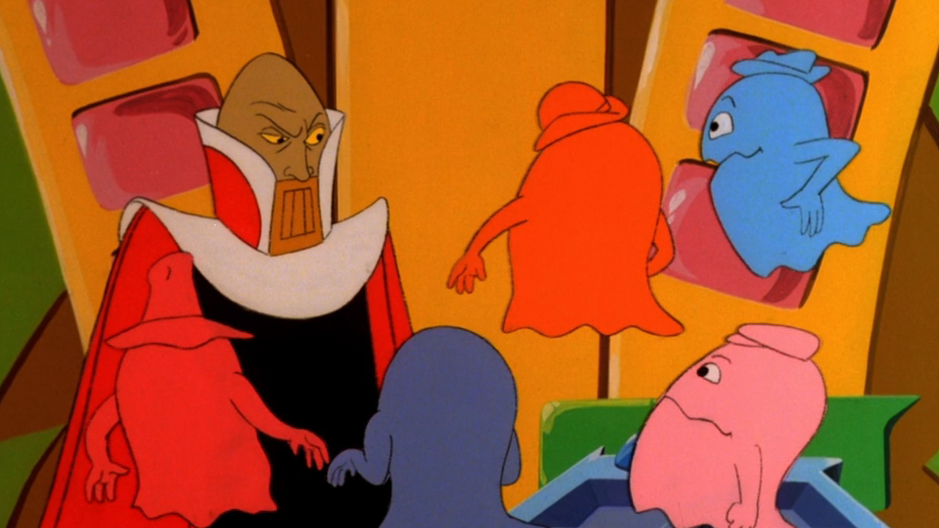 An evil guy with Pac-Man ghosts around him