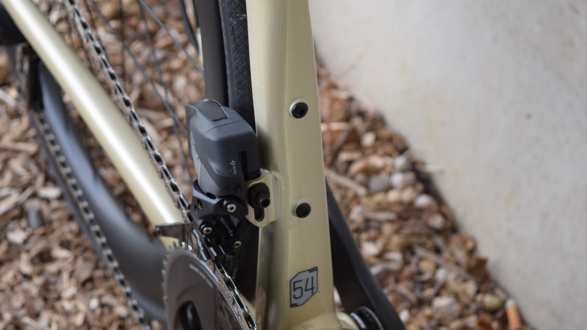 A braze on mount holds this Force eTap AXS front derailleur