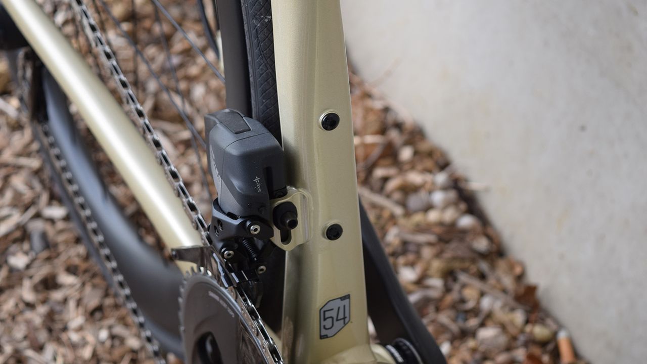 A braze on mount holds this Force eTap AXS front derailleur