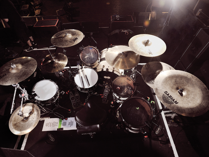Drums: Tama Starclassic Bubinga: 22x18-inch bass drum; 12-inch tom, 14 & 16-inch floor toms; 14x6½-inch Charlie Benante Signature snare; 10x5-inch Tama Artwood 'Popcorn' snare Cymbals: Sabian: 14-inxh AAX Metal hi-hat (top); 14-inch HHX Power hats (bottom); 18-inch HHX Legacy crash; 19-inch AAXplosion crash; 21-inch HHX Groove ride; 20-inch HHX Studio crash; 20-inch Vault crash 20-inch AA China Plus: Tama hardware & Iron Cobra pedal; Vater 5B sticks; Roland TD-12 brain & triggers; Ultimate Ears in-ear monitors