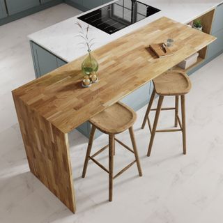 wooden breakfast bar with kitchen stools