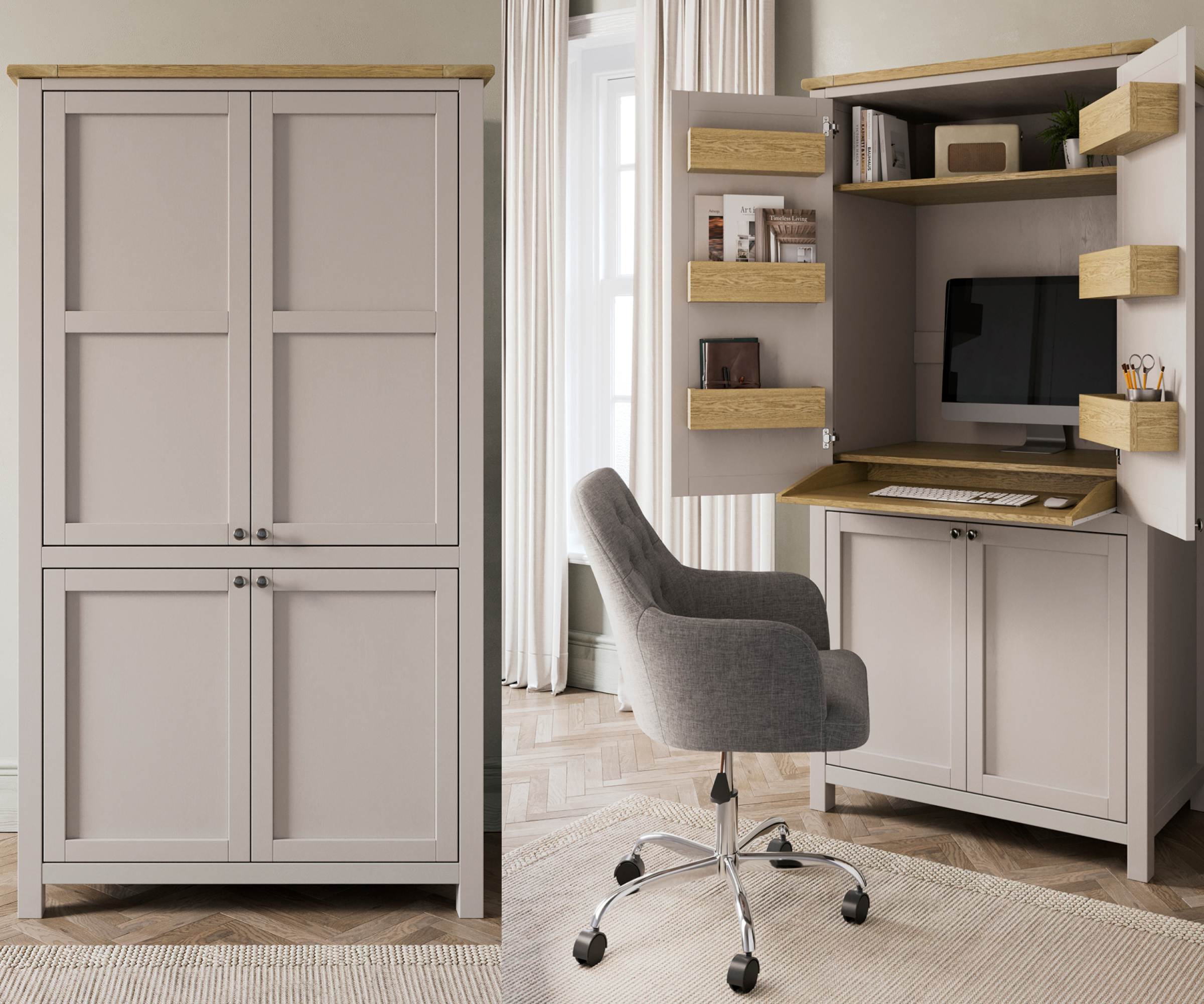 hideway desk cupboard in stone colour with a view of it closed and then open revealing pull out laptop shelf, storage shelves and storage boxes on inside of doors