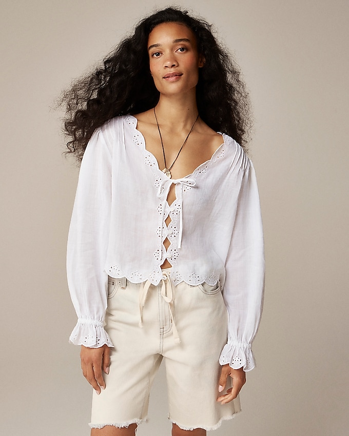 Scallop-Trim Tie-Front Top in Ramie